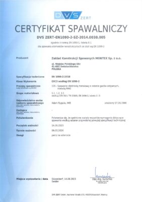Certyfikat spawania elementów konstrukcji ze stali